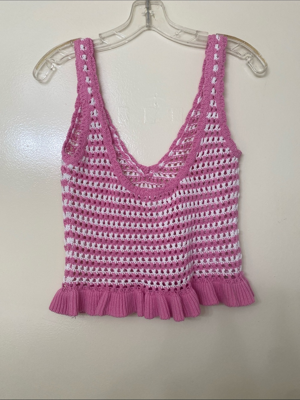 Full Tilt Pink and White Crochet Ruffle-Hem Camisole - Picture 2 of 3